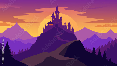 Two Dimensional Cartoon Background of a Fairy Tale Castle Silhouette