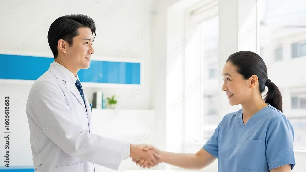 Shaking Hands Between Asian Doctor and Nurse in Clinic Shaking Hands Between Asian Doctor and Nurse in Clinic