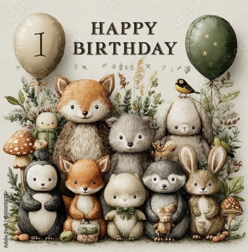 Happy Birthday Forest Friends Celebration with Plush Animals, Balloons, and Woodland Elements - Adorable Kids Theme for First Birthday Invitations and Nursery Decor