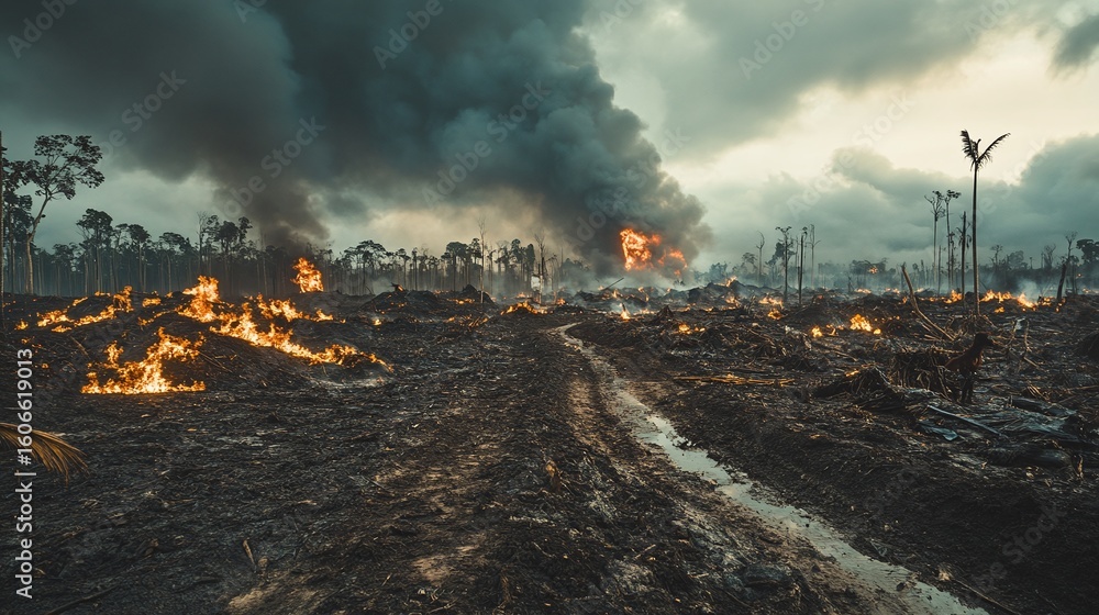 Naklejka premium Extensive wildfires ravage a deforested landscape.