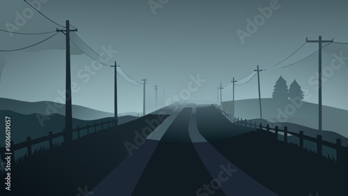 Moody atmospheric scene of a country road disappearing into the distance