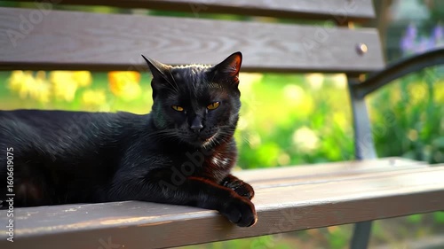 A stunning black cat with captivating yellow eyes rests on a park bench in a serene garden setting