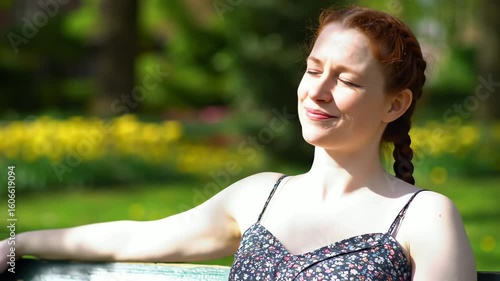 A beautiful redhead woman with braided hair relaxes on a park bench enjoying the warm summer sunlight
