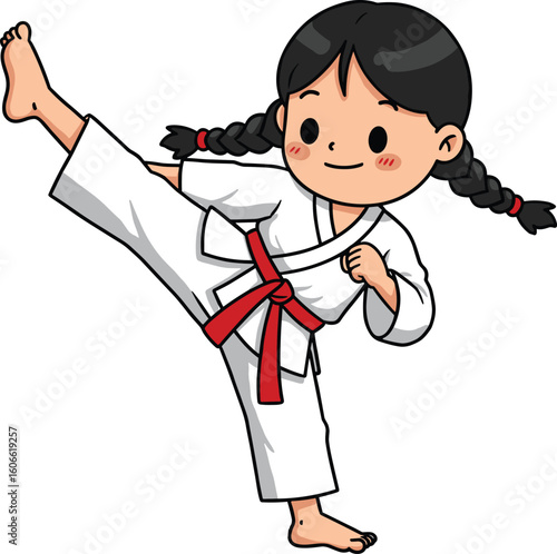 Dynamic cartoon girl practicing martial arts, demonstrating a powerful high kick in a white gi with red belt, symbolizing discipline, strength, self-defense, and confidence in children's sports.
