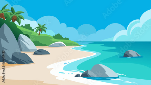 Serene tropical beach scene a delightful blend of artistic illustration