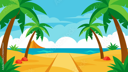 Inviting Tropical Paradise Rendered as a Vibrant 2D Cartoon Art Style