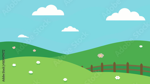 Peaceful Background of a Green Rolling Meadow with Distant Mountains