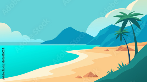 Stunning Paradise Landscape Rendered as a Detailed Vibrant Illustration
