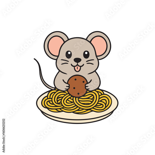 Little mouse illustration nibbling a meatball in bowl