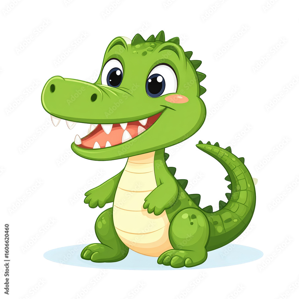 Naklejka premium Playful Cartoon Crocodile Character with Big Eyes Smiling Charming and Friendly Cartoon Reptile Animation Cute Green Baby Animal Illustration for Kids.