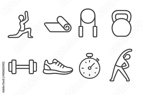 Fitness icon set: yoga, jump rope, kettlebell, dumbbell, running shoe, timer, stretching