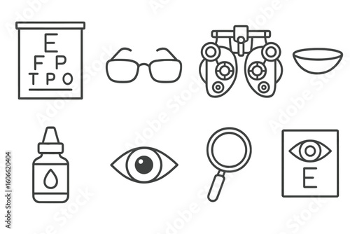 Optometry essentials: eye chart, glasses, phoropter, eye drops, and magnifying glass