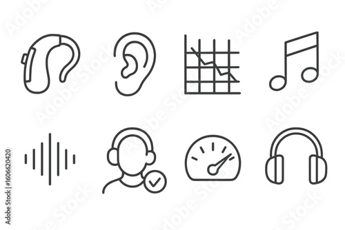 Hearing aids and audio equipment icons: sound, diagnostics, music, and more