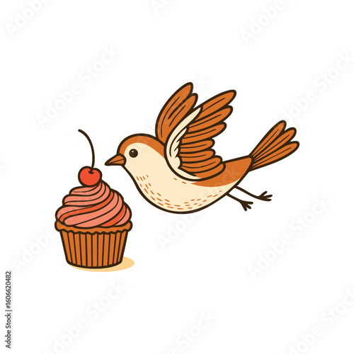 Cute bird illustration nibbling cupcake with cherry