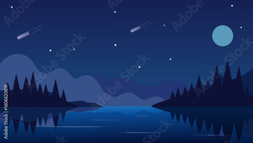 Tranquil Meteor Shower at Night Over a Silent Landscape Celestial Display