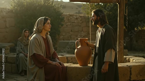 Man talking to woman at well in historical setting. Biblical story, ancient history and communication concept for banner. Jesus and Samaritan woman. Horizontal banner