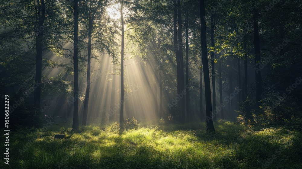 Obraz premium Sunbeams piercing a misty forest