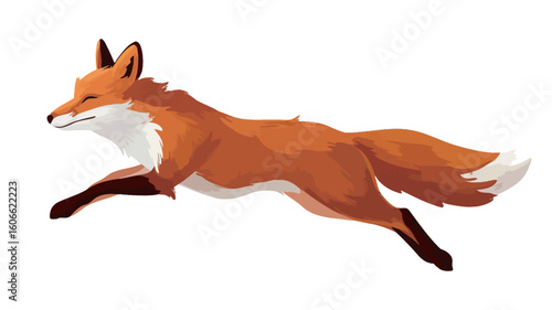 A digital illustration of a red fox in mid-leap against a white background. The fox is depicted in profile view, facing to the left, showcasing its orange fur, white chest, bushy tail with a white
