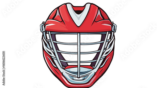 A digital illustration of a red lacrosse helmet viewed from the front. The helmet is predominantly red with white accents on the top and chin area. The facemask is a dark gray metal cage-style