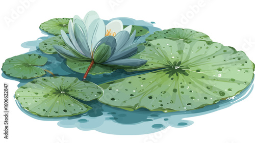 A digital illustration depicting a water lily flower in bloom.  The flower is predominantly white with hints of light blue or purple at the base of the petals.  The lily pad is large, round