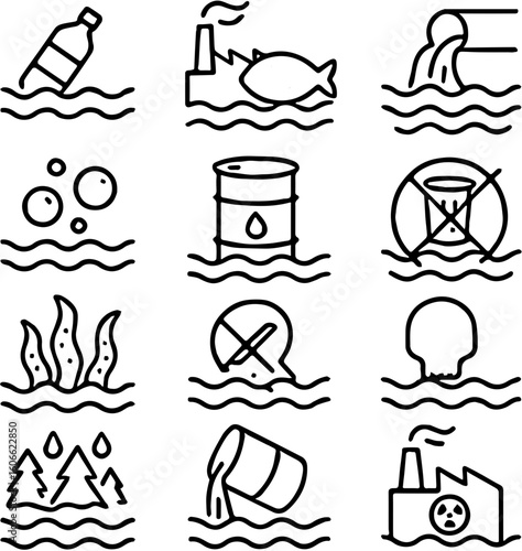 Critical Outline Icons Showcasing Water Pollution and Contamination Issues, Emphasizing Environmental Degradation and Aquatic Threats
