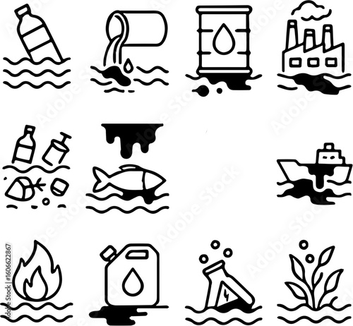 Alarming Outline Icons Depicting Various Forms of Environmental Pollution and Ecological Damage, Highlighting Urgent Global Issues