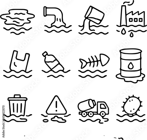 Symbolic Outline Icons Illustrating Water Pollution, Waste Management, and Environmental Contamination, Highlighting Ecological Concerns