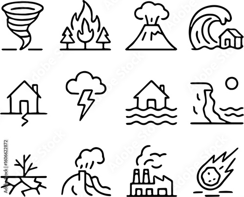Dramatic Outline Icons Representing Natural Disasters and Environmental Hazards, Illustrating Catastrophic Events and Climate Impact