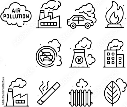 Concerning Outline Icons Depicting Air Pollution  and Environmental Contamination, Highlighting Health and Ecological Risks