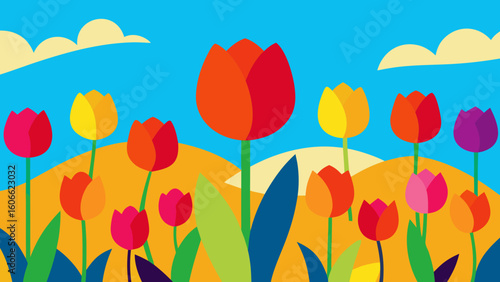 Experience a stunning field of tulips bursting forth in a vibrant riot of colors