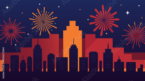 Spectacular fireworks display illuminating a vibrant city skyline at night