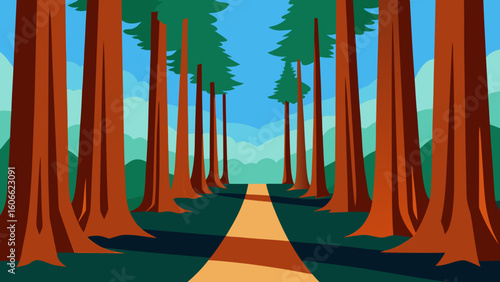 Explore a majestic forest of giant sequoia trees with their immense towering trunks