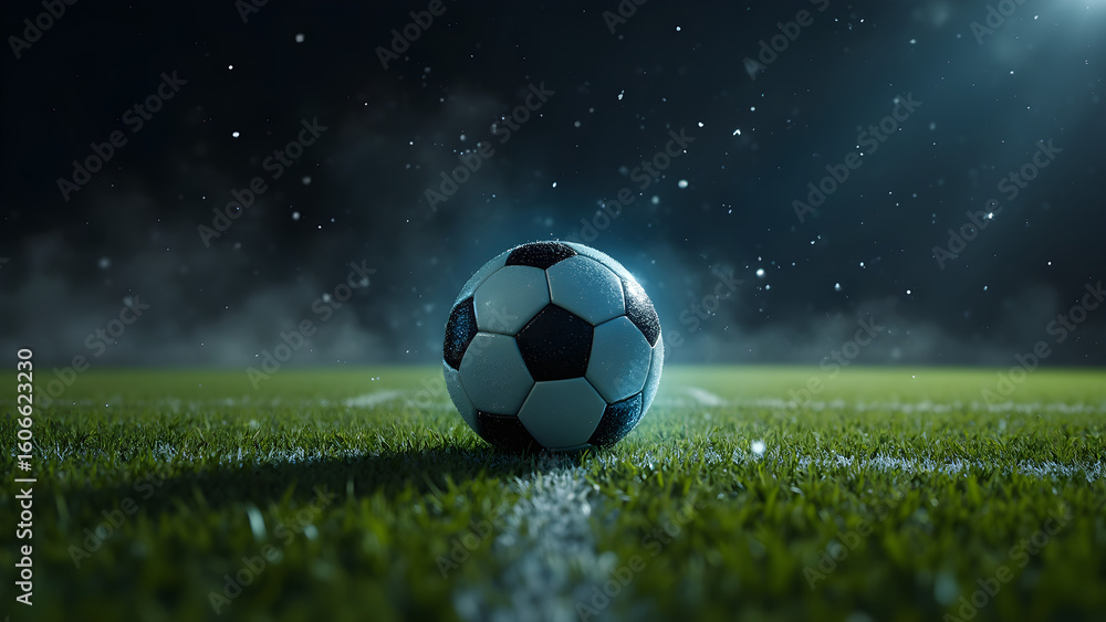 Naklejka premium Illuminated soccer ball trajectory in night matches. Visible light trail effects in sports. Ultra-realistic soccer visuals for nighttime play. Enhancing football experiences with light.