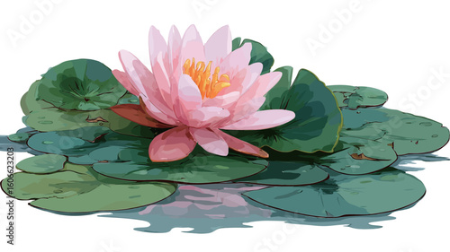 A digital illustration or painting of a pink water lily in full bloom. The water lily is centrally positioned, resting on green lily pads that partially cover the water's surface. 