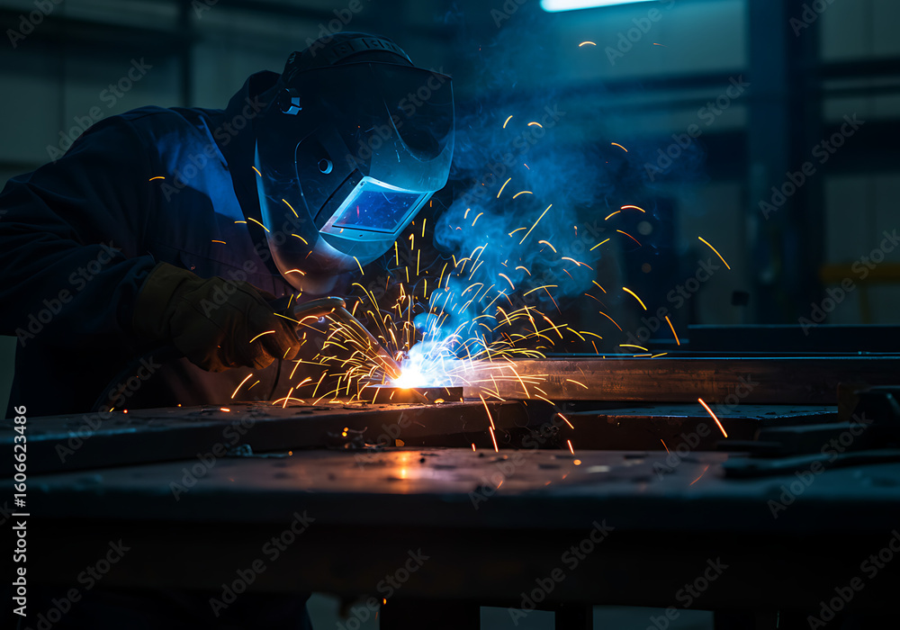 A skilled welder in a protective helmet creates a shower of bright sparks while joining metal pieces in a dark industrial workshop. A skilled welder in a protective helmet creates a shower of bright sparks while joining metal pieces in a dark industrial workshop.