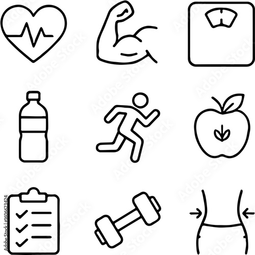 Essential Outline Icons Representing Health, Fitness, and Wellness Activities, Active Lifestyles and Personal Goals