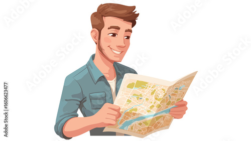 The image is a digital illustration of a smiling man with short brown hair and a goatee, wearing a teal button-down shirt. He is depicted from the chest up, holding and reading a folded paper map.