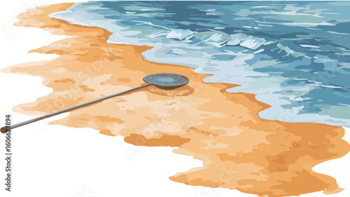 An illustration depicting a metal detector on a sandy beach next to the ocean. The illustration is done in a painterly style with visible brushstrokes. The sand is depicted in warm orange and
