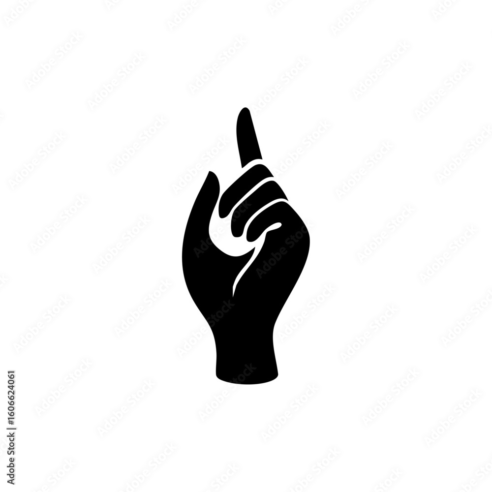 Obraz premium Silhouette of a raised hand with index finger pointing upward, representing selection, instruction, or interactive UI cue.