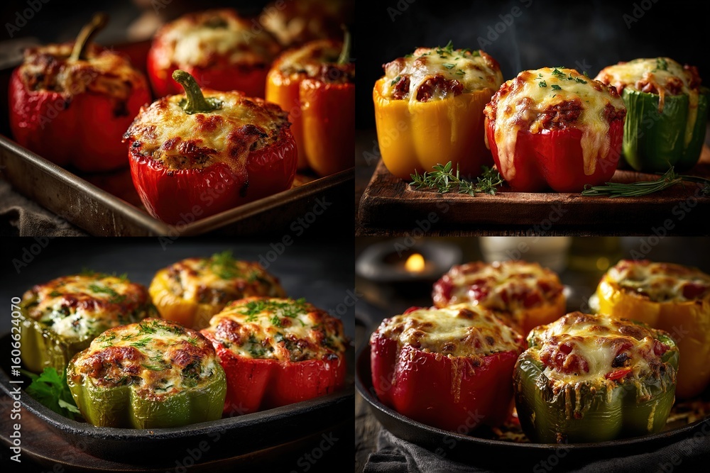 Fototapeta premium Assorted stuffed bell peppers, showcasing various colors and textures, ready to be served