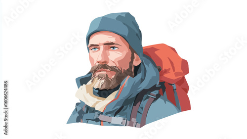 A stylized, low-poly vector illustration portrait of a man's face and shoulders. The man has a beard and is wearing a beanie and a backpack. The style is geometric, with polygons creating the