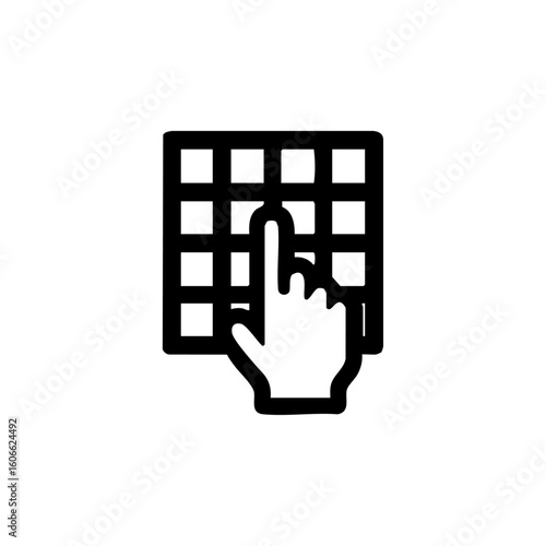 Vector icon of a hand tapping a grid interface, symbolizing digital selection, touch controls, and interactive UI design.
