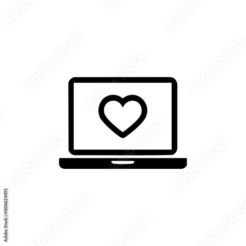 Black vector icon of a laptop screen with a heart symbol, representing online love, digital health, or telemedicine platforms.
