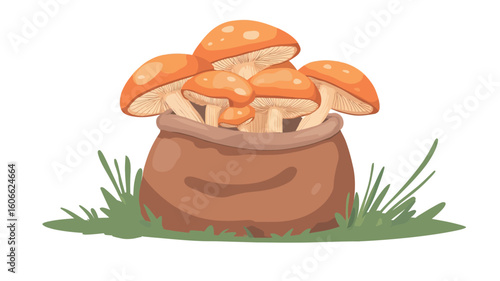 A digital illustration depicting a cluster of orange mushrooms nestled inside a brown burlap sack. The sack is situated on a patch of green grass. The style is cartoonish and whimsical, with soft