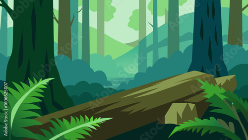 Primeval Forest with Giant Ferns and Moss Covered Ancient Trees