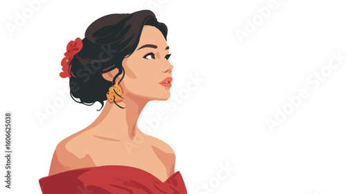 A digital illustration of a woman's profile. The style is vector art, with flat colors and clean lines. The woman has dark hair styled in an updo with a red flower accent, and wears gold earrings