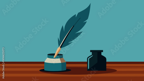 Classic Quill Pen and Inkwell on a Traditional Wooden Desk