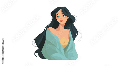 A digital painting or illustration depicting a stylized portrait of a young woman with long, dark, wavy hair.  She is depicted from the shoulders up, wearing a light teal or blue robe or shawl