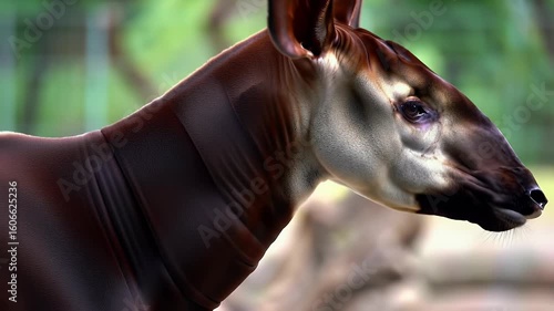 Close-up Profile of a Rare Okapi with Distinctive Striped Legs and Rich Brown Fur in a Natural Setting