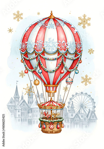 Vintage hot air balloon flying over snowy town with winter fairytale vibe, perfect for Christmas prints, cards, and children’s stories